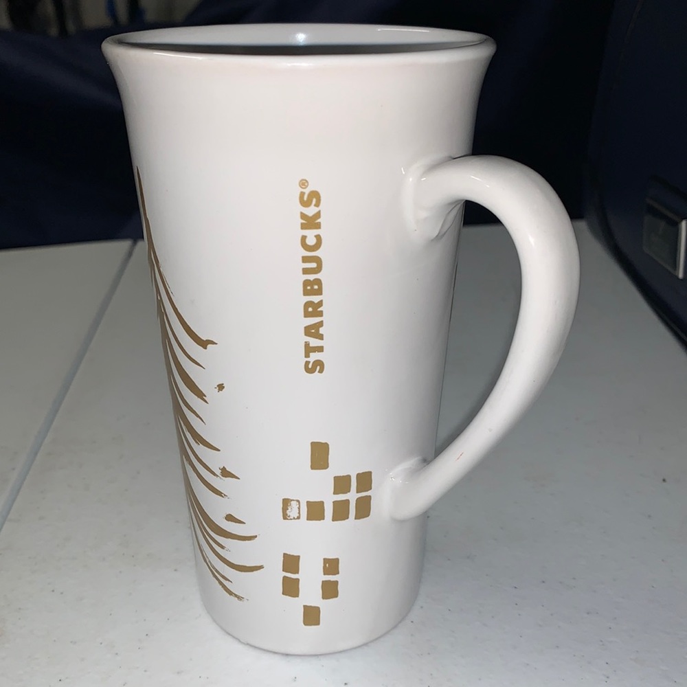 Starbucks 12 oz White & Gold Christmas Tree Mug